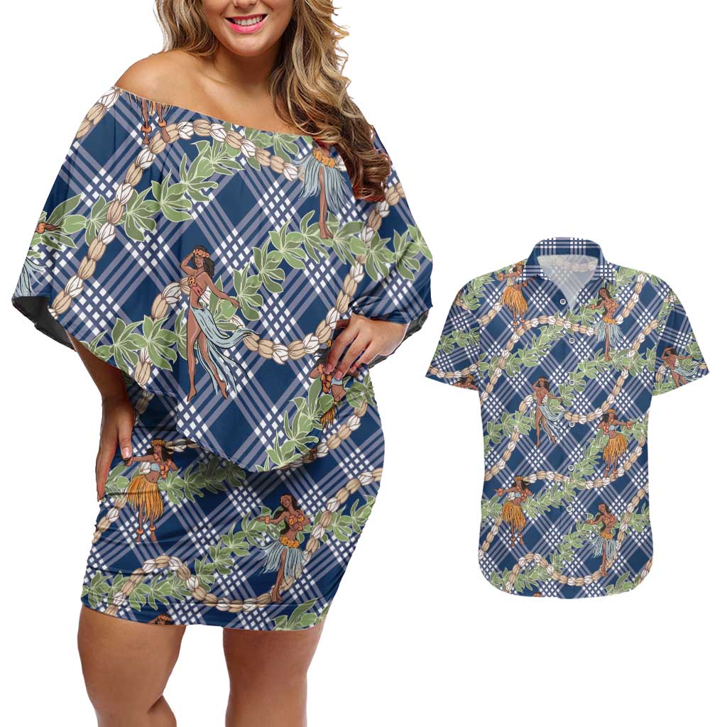 Navy Blue Palaka Hula Girls Seamless Hawaii Aloha Couples Matching Off Shoulder Short Dress and Hawaiian Shirt LT7 Navy Blue - Polynesian Pride