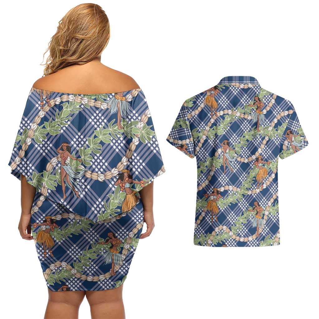 Navy Blue Palaka Hula Girls Seamless Hawaii Aloha Couples Matching Off Shoulder Short Dress and Hawaiian Shirt LT7 - Polynesian Pride