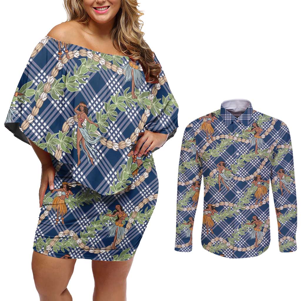 Navy Blue Palaka Hula Girls Seamless Hawaii Aloha Couples Matching Off Shoulder Short Dress and Long Sleeve Button Shirt - Polynesian Pride