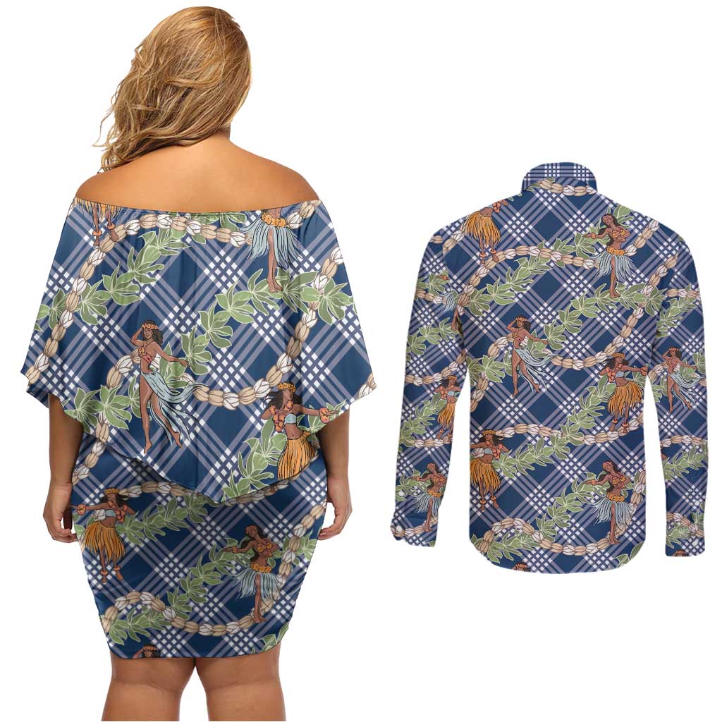 Navy Blue Palaka Hula Girls Seamless Hawaii Aloha Couples Matching Off Shoulder Short Dress and Long Sleeve Button Shirt LT7 - Polynesian Pride