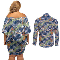 Navy Blue Palaka Hula Girls Seamless Hawaii Aloha Couples Matching Off Shoulder Short Dress and Long Sleeve Button Shirt LT7 - Polynesian Pride
