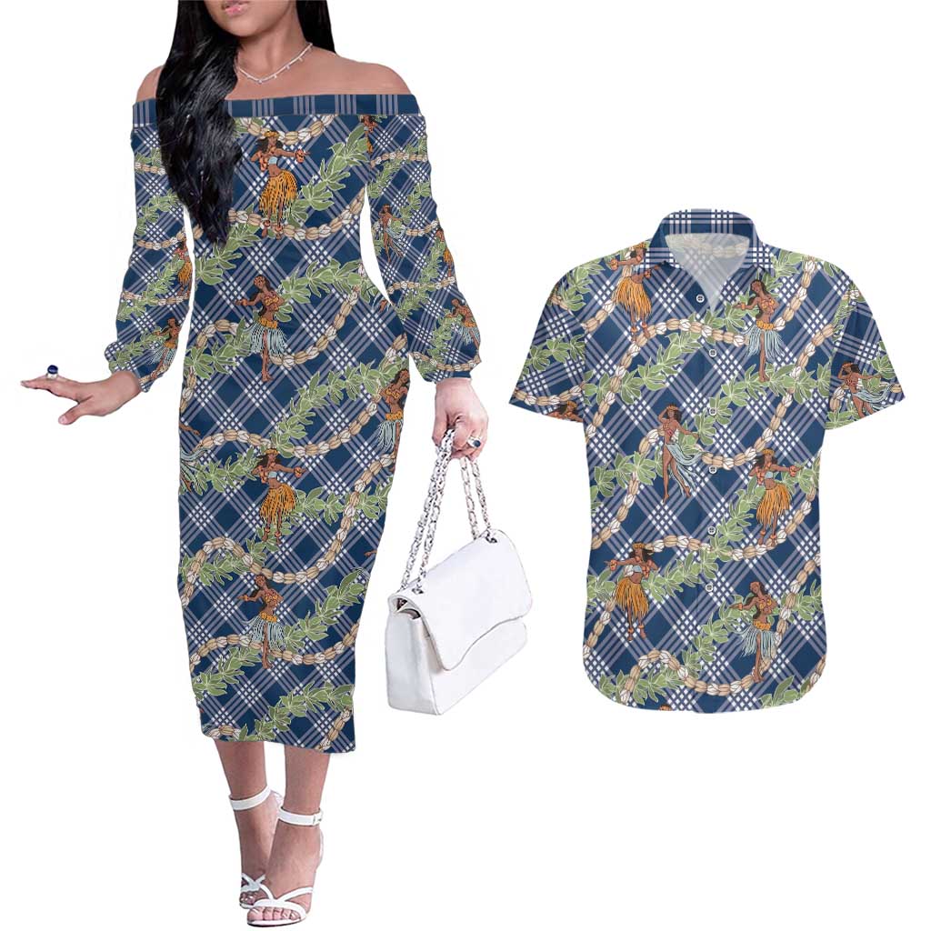 Navy Blue Palaka Hula Girls Seamless Hawaii Aloha Couples Matching Off The Shoulder Long Sleeve Dress and Hawaiian Shirt LT7 Navy Blue - Polynesian Pride