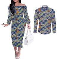 Navy Blue Palaka Hula Girls Seamless Hawaii Aloha Couples Matching Off The Shoulder Long Sleeve Dress and Long Sleeve Button Shirt LT7 Navy Blue - Polynesian Pride
