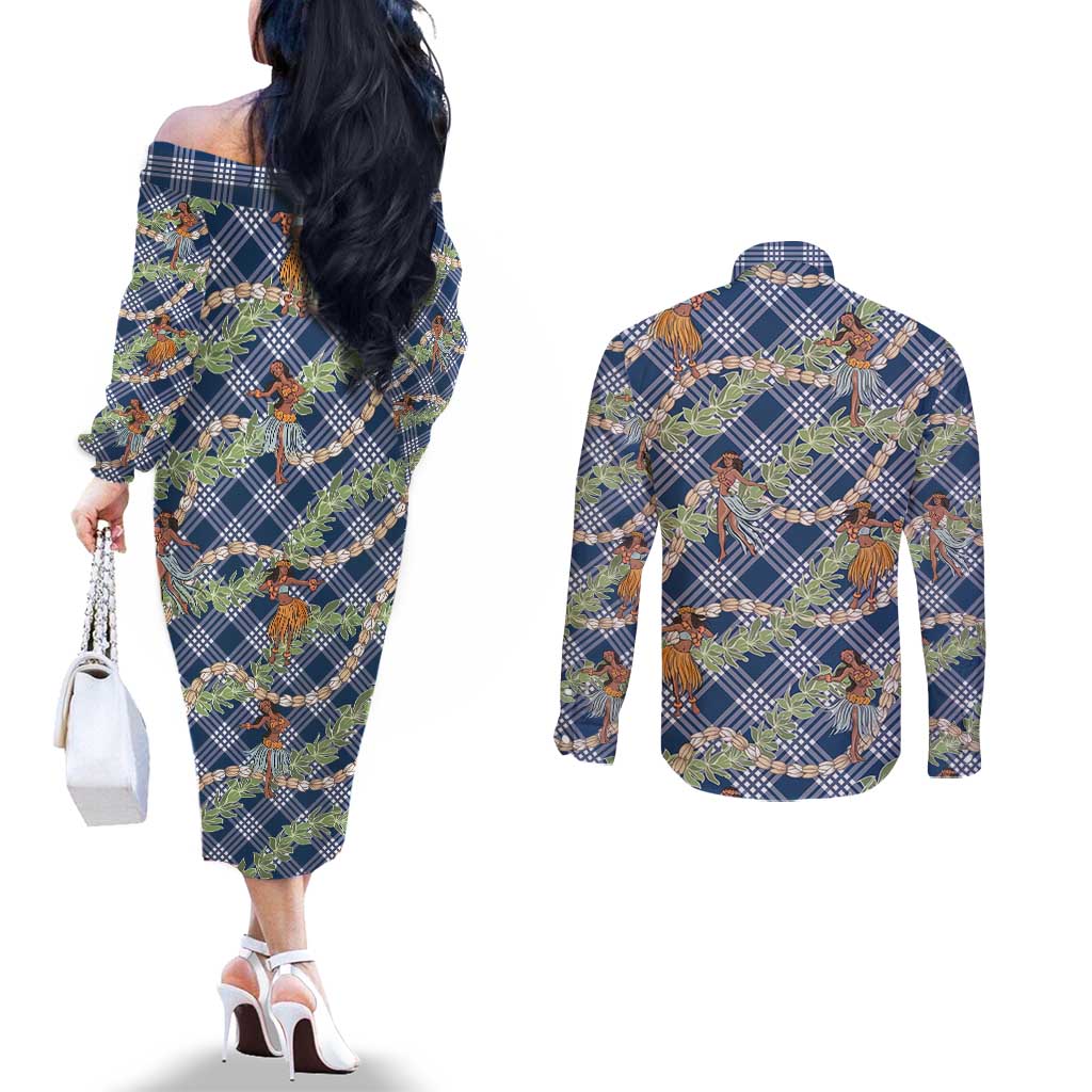 Navy Blue Palaka Hula Girls Seamless Hawaii Aloha Couples Matching Off The Shoulder Long Sleeve Dress and Long Sleeve Button Shirt LT7 - Polynesian Pride