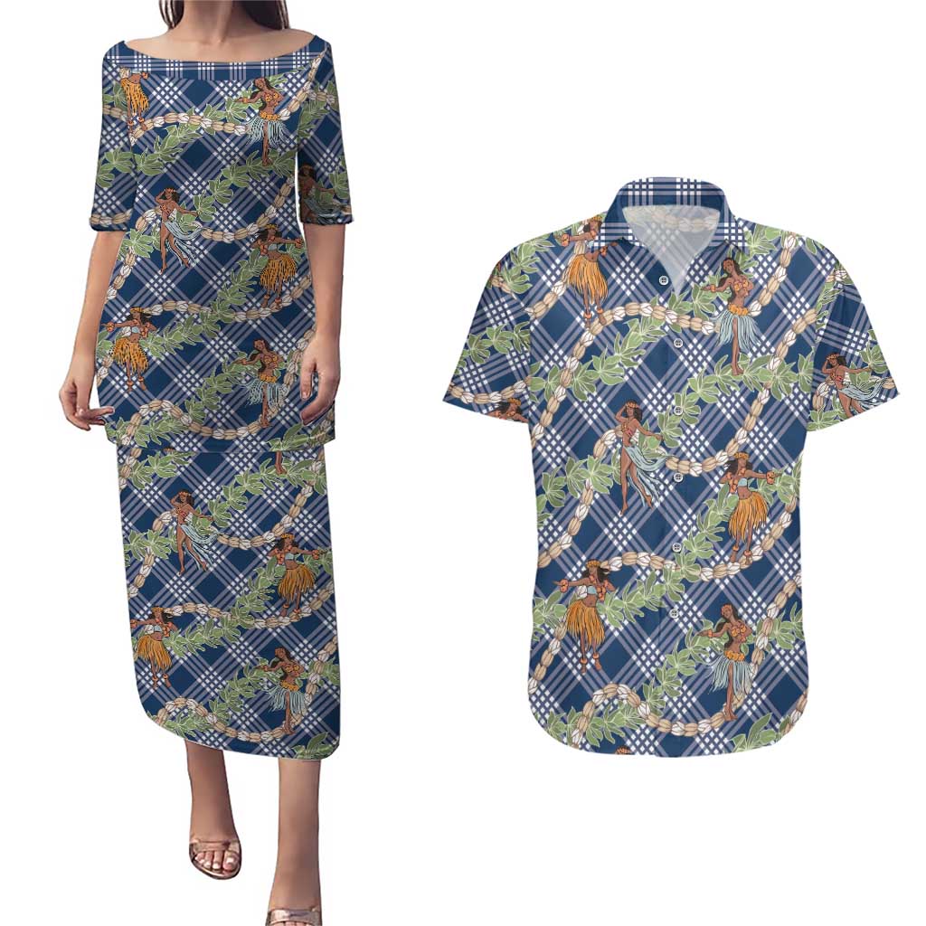 Navy Blue Palaka Hula Girls Seamless Hawaii Aloha Couples Matching Puletasi and Hawaiian Shirt LT7 Navy Blue - Polynesian Pride