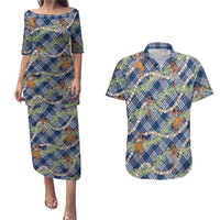Navy Blue Palaka Hula Girls Seamless Hawaii Aloha Couples Matching Puletasi and Hawaiian Shirt LT7 Navy Blue - Polynesian Pride