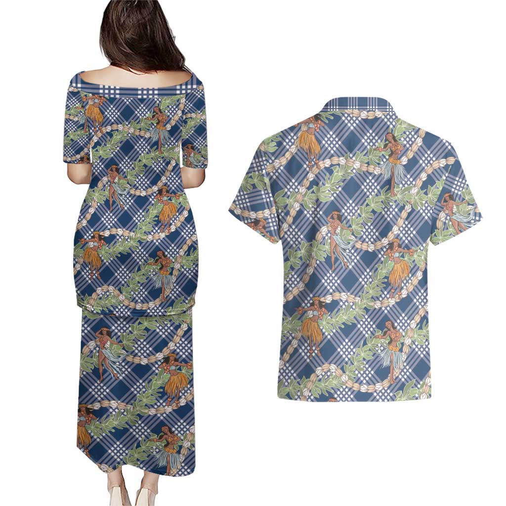 Navy Blue Palaka Hula Girls Seamless Hawaii Aloha Couples Matching Puletasi and Hawaiian Shirt LT7 - Polynesian Pride