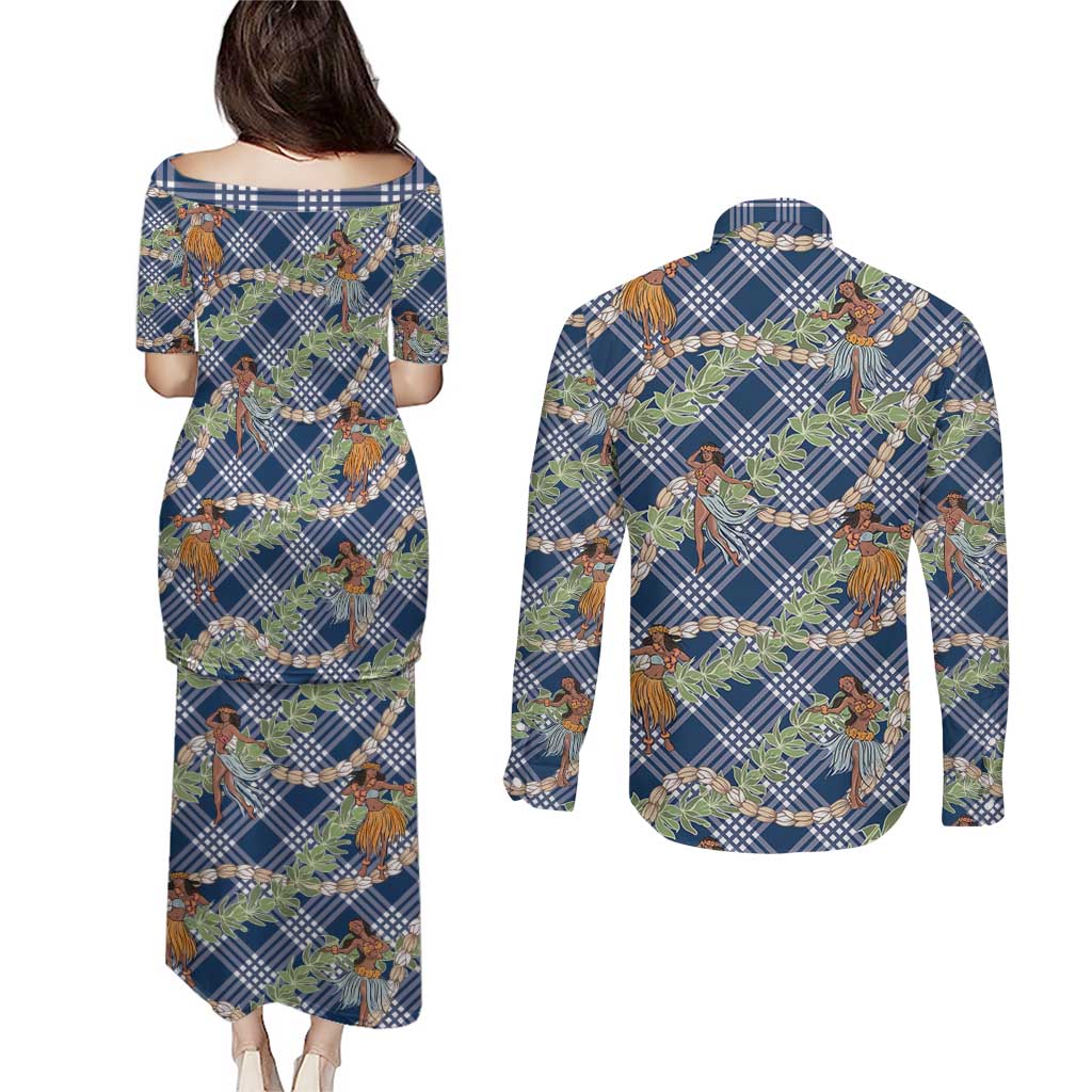 Navy Blue Palaka Hula Girls Seamless Hawaii Aloha Couples Matching Puletasi and Long Sleeve Button Shirt - Polynesian Pride