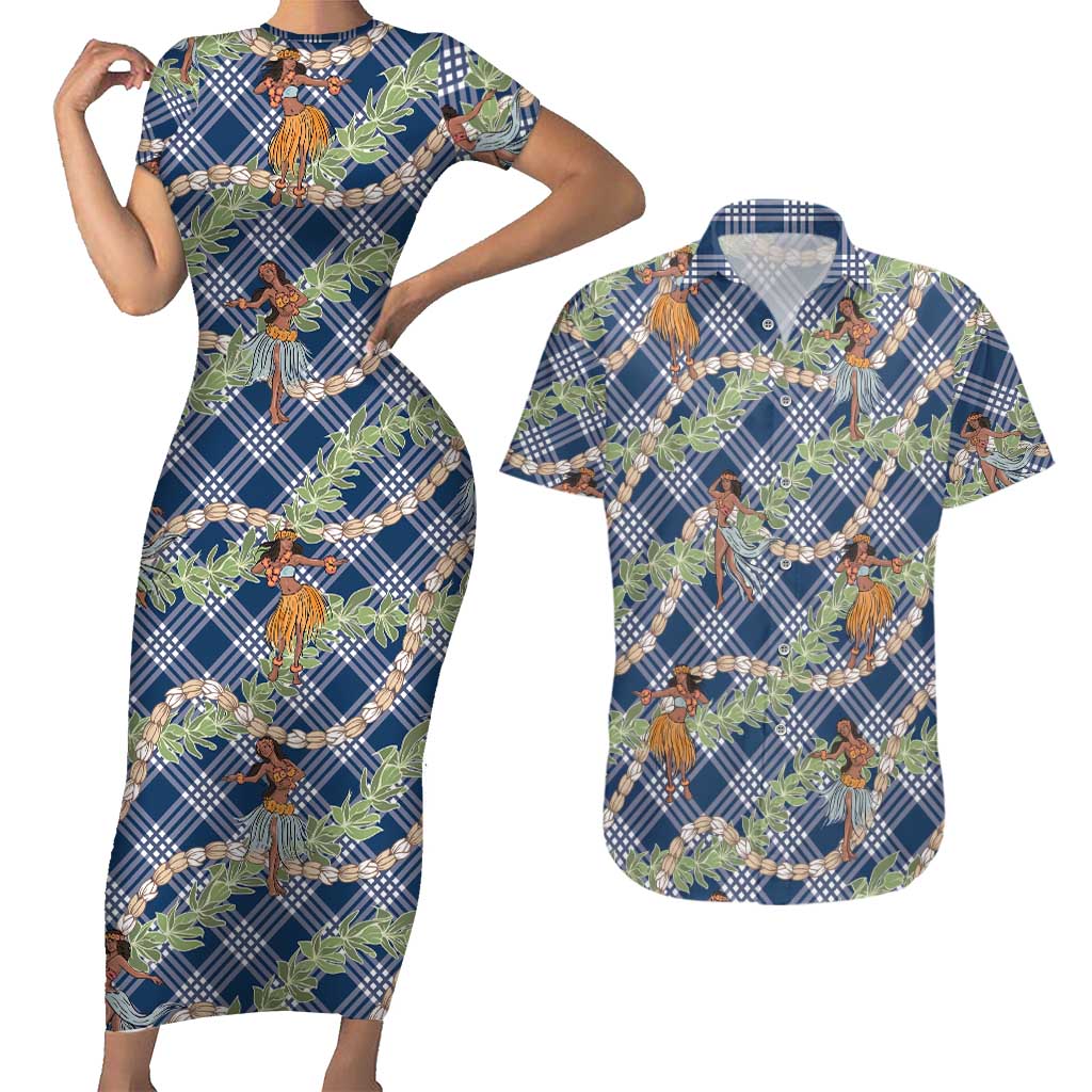 Navy Blue Palaka Hula Girls Seamless Hawaii Aloha Couples Matching Short Sleeve Bodycon Dress and Hawaiian Shirt LT7 Navy Blue - Polynesian Pride