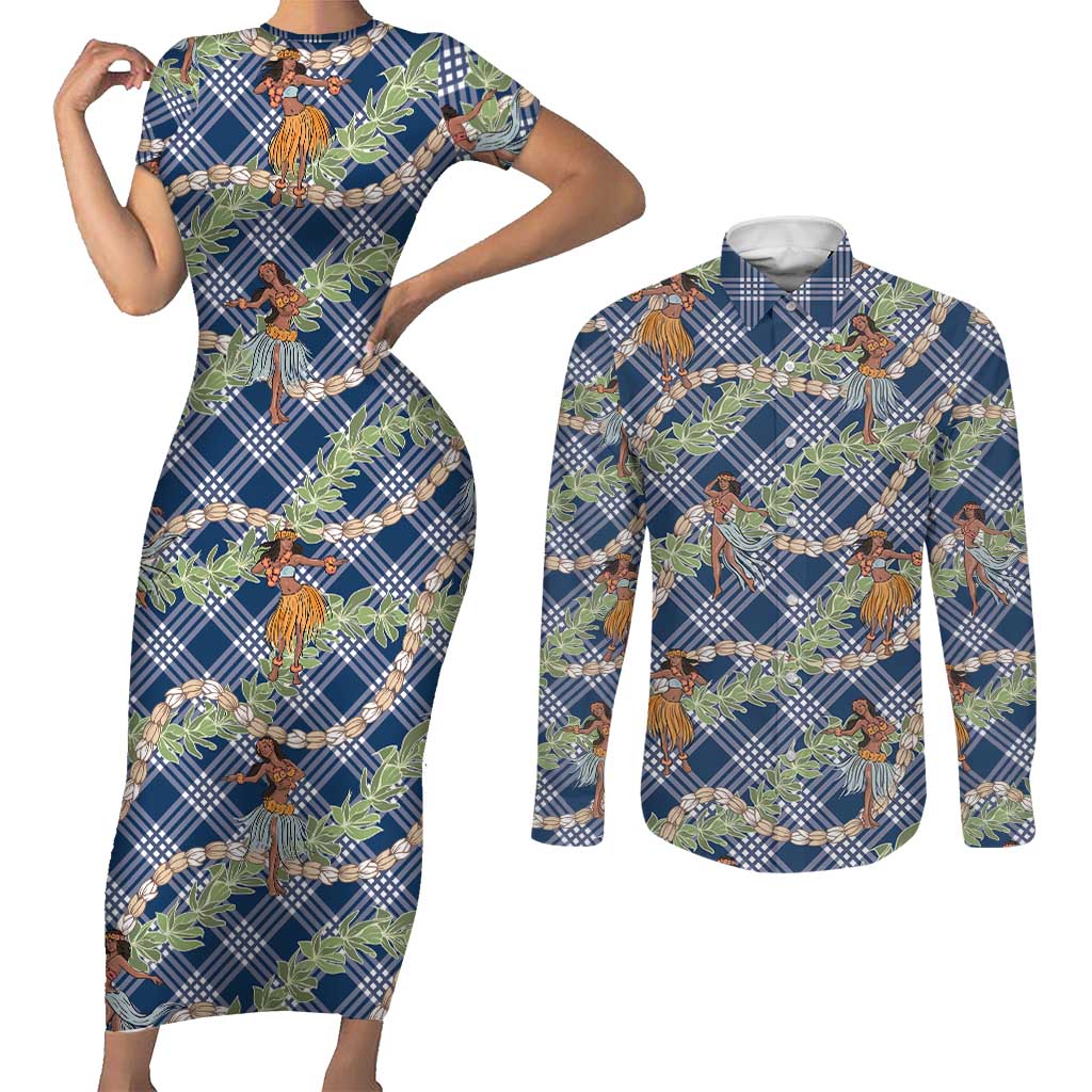 Navy Blue Palaka Hula Girls Seamless Hawaii Aloha Couples Matching Short Sleeve Bodycon Dress and Long Sleeve Button Shirt LT7 Navy Blue - Polynesian Pride