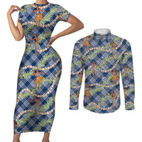 Navy Blue Palaka Hula Girls Seamless Hawaii Aloha Couples Matching Short Sleeve Bodycon Dress and Long Sleeve Button Shirt LT7 Navy Blue - Polynesian Pride