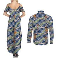 Navy Blue Palaka Hula Girls Seamless Hawaii Aloha Couples Matching Summer Maxi Dress and Long Sleeve Button Shirt LT7 - Polynesian Pride