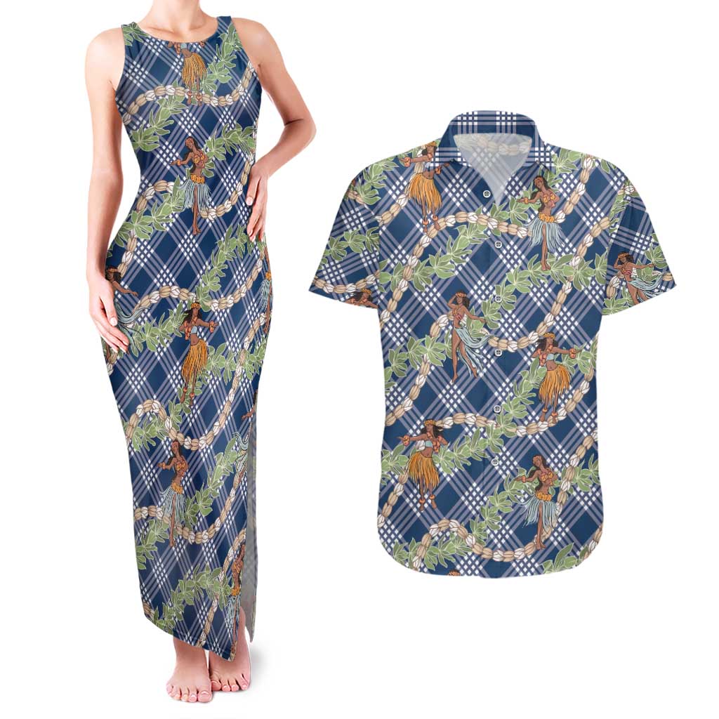 Navy Blue Palaka Hula Girls Seamless Hawaii Aloha Couples Matching Tank Maxi Dress and Hawaiian Shirt LT7 Navy Blue - Polynesian Pride