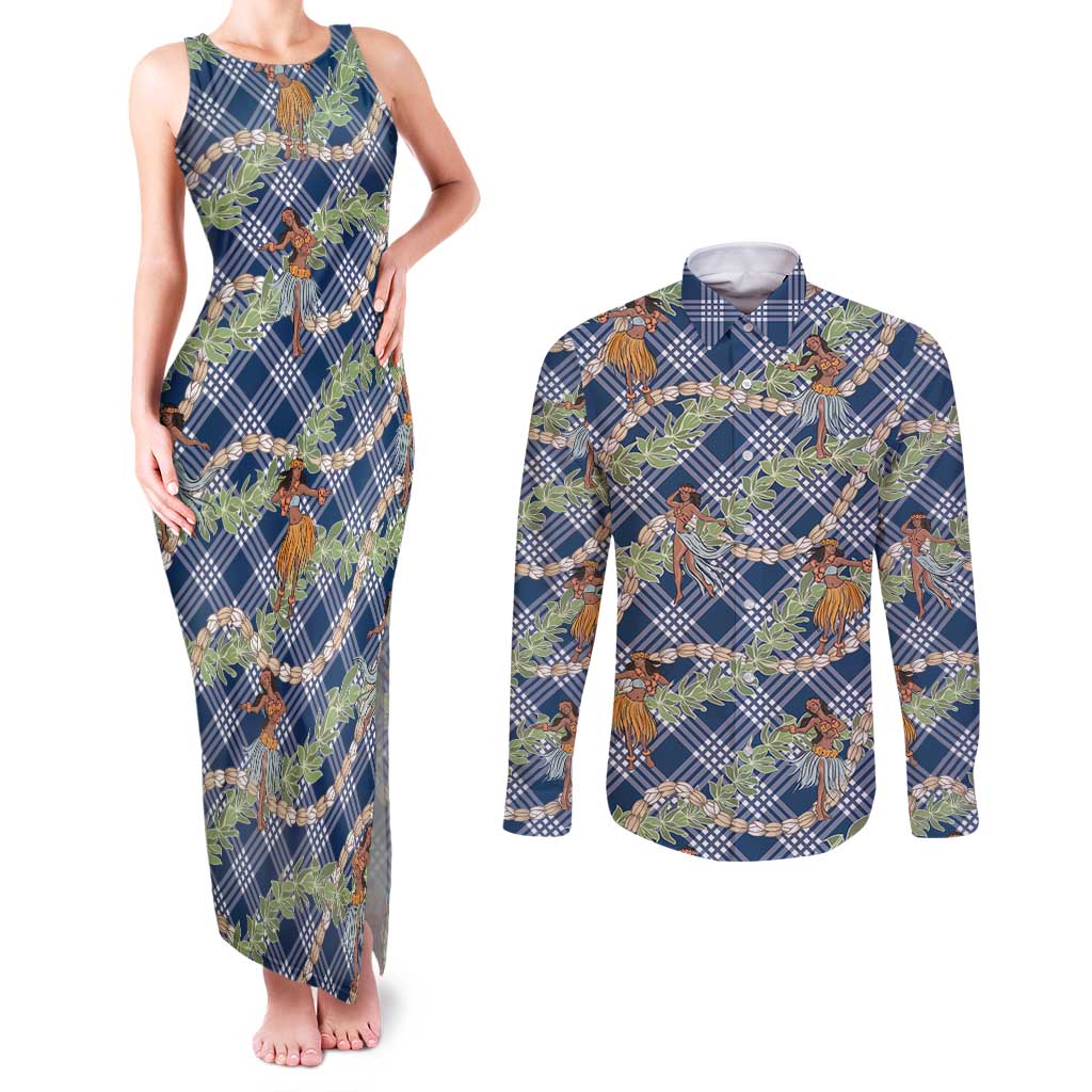 Navy Blue Palaka Hula Girls Seamless Hawaii Aloha Couples Matching Tank Maxi Dress and Long Sleeve Button Shirt - Polynesian Pride