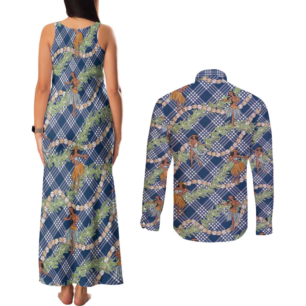 Navy Blue Palaka Hula Girls Seamless Hawaii Aloha Couples Matching Tank Maxi Dress and Long Sleeve Button Shirt LT7 - Polynesian Pride