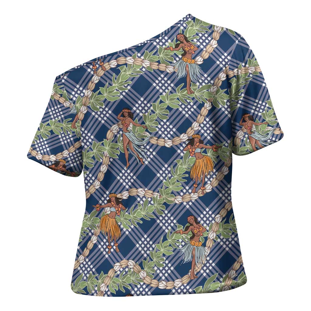 Navy Blue Palaka Hula Girls Seamless Hawaii Aloha Cross Shoulder Shirt - Polynesian Pride