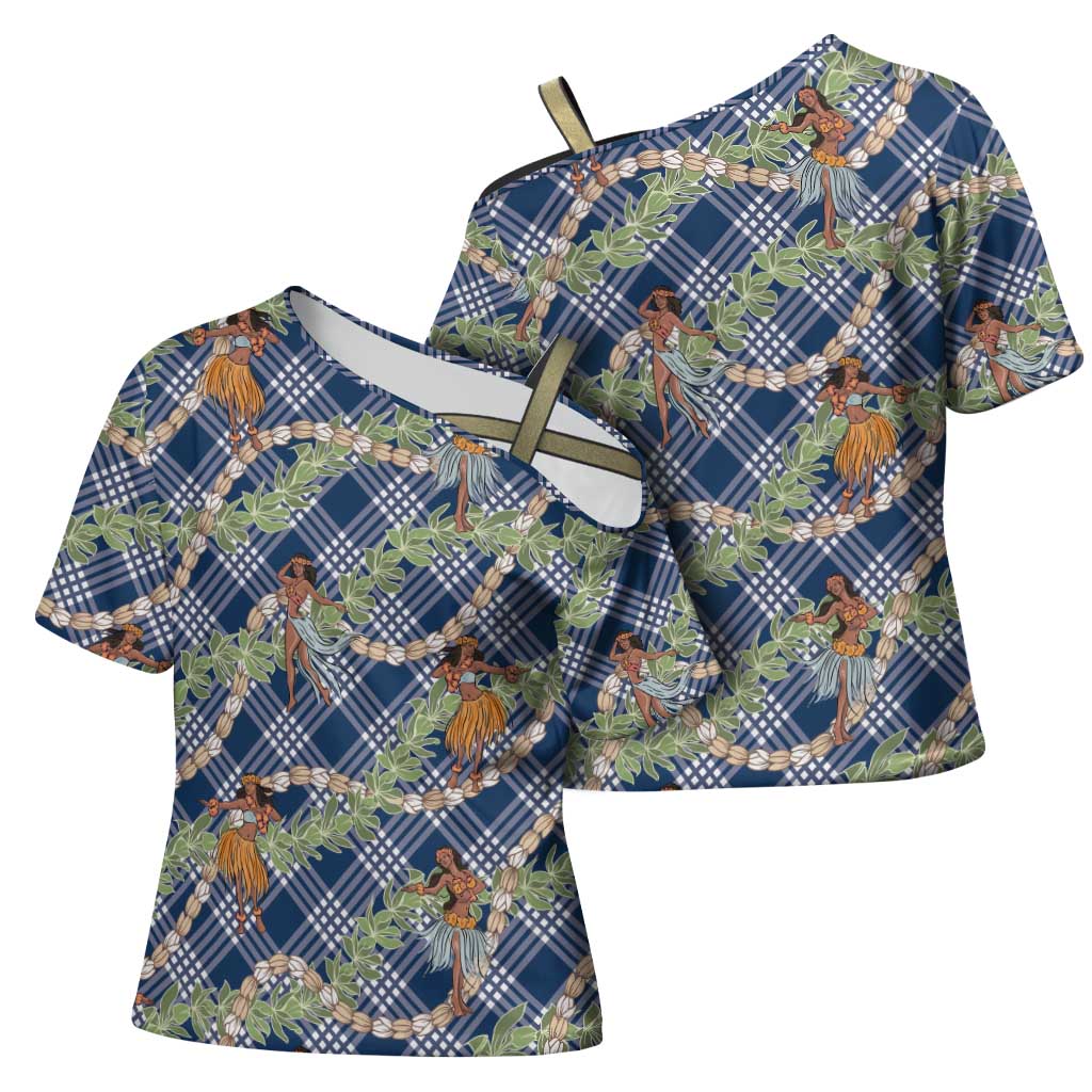 Navy Blue Palaka Hula Girls Seamless Hawaii Aloha Cross Shoulder Shirt - Polynesian Pride