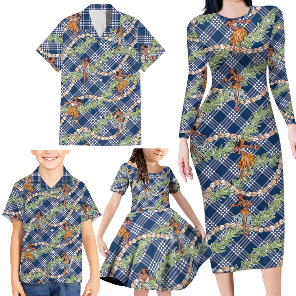 Navy Blue Palaka Hula Girls Seamless Hawaii Aloha Family Matching Long Sleeve Bodycon Dress and Hawaiian Shirt LT7 - Polynesian Pride
