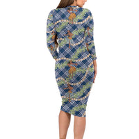 Navy Blue Palaka Hula Girls Seamless Hawaii Aloha Family Matching Long Sleeve Bodycon Dress and Hawaiian Shirt LT7 - Polynesian Pride