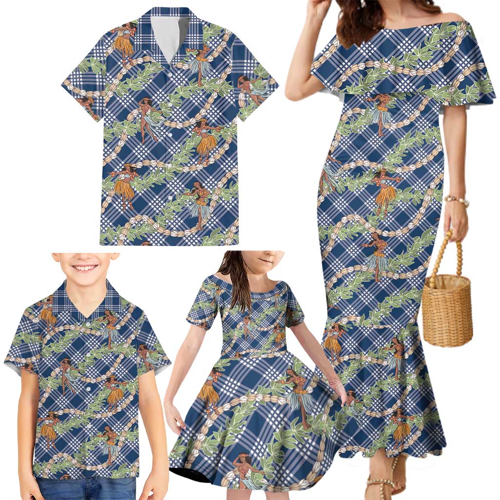 Navy Blue Palaka Hula Girls Seamless Hawaii Aloha Family Matching Mermaid Dress and Hawaiian Shirt LT7 - Polynesian Pride