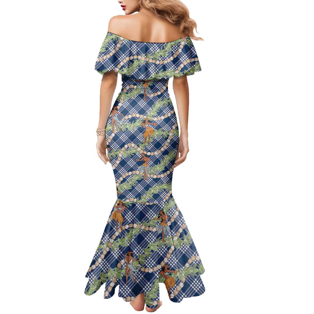 Navy Blue Palaka Hula Girls Seamless Hawaii Aloha Family Matching Mermaid Dress and Hawaiian Shirt LT7 - Polynesian Pride