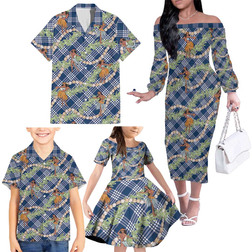 Navy Blue Palaka Hula Girls Seamless Hawaii Aloha Family Matching Off The Shoulder Long Sleeve Dress and Hawaiian Shirt LT7 - Polynesian Pride