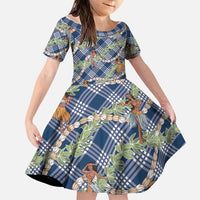 Navy Blue Palaka Hula Girls Seamless Hawaii Aloha Family Matching Off Shoulder Maxi Dress and Hawaiian Shirt LT7 Daughter's Dress Navy Blue - Polynesian Pride