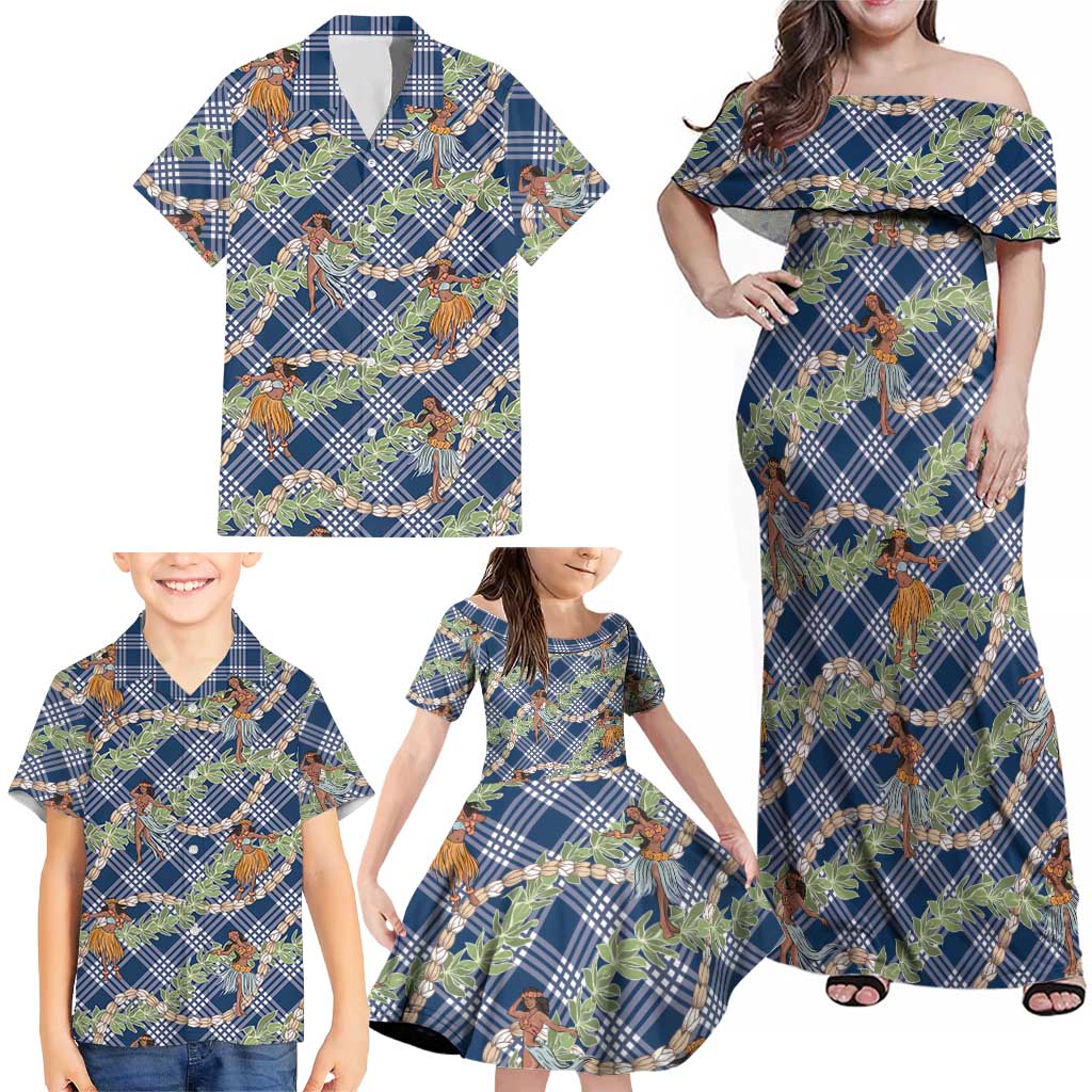 Navy Blue Palaka Hula Girls Seamless Hawaii Aloha Family Matching Off Shoulder Maxi Dress and Hawaiian Shirt LT7 - Polynesian Pride