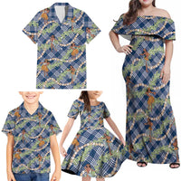Navy Blue Palaka Hula Girls Seamless Hawaii Aloha Family Matching Off Shoulder Maxi Dress and Hawaiian Shirt LT7 - Polynesian Pride