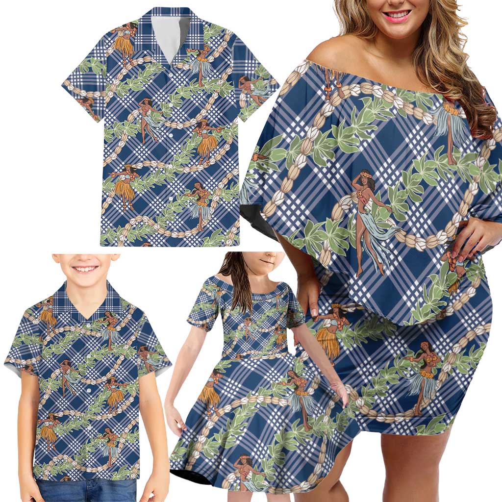 Navy Blue Palaka Hula Girls Seamless Hawaii Aloha Family Matching Off Shoulder Short Dress and Hawaiian Shirt - Polynesian Pride