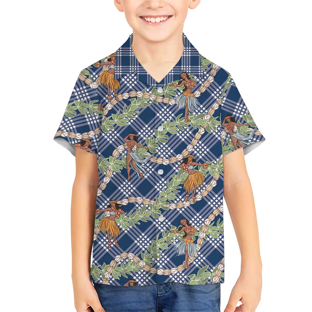 Navy Blue Palaka Hula Girls Seamless Hawaii Aloha Family Matching Off Shoulder Short Dress and Hawaiian Shirt LT7 Son's Shirt Navy Blue - Polynesian Pride