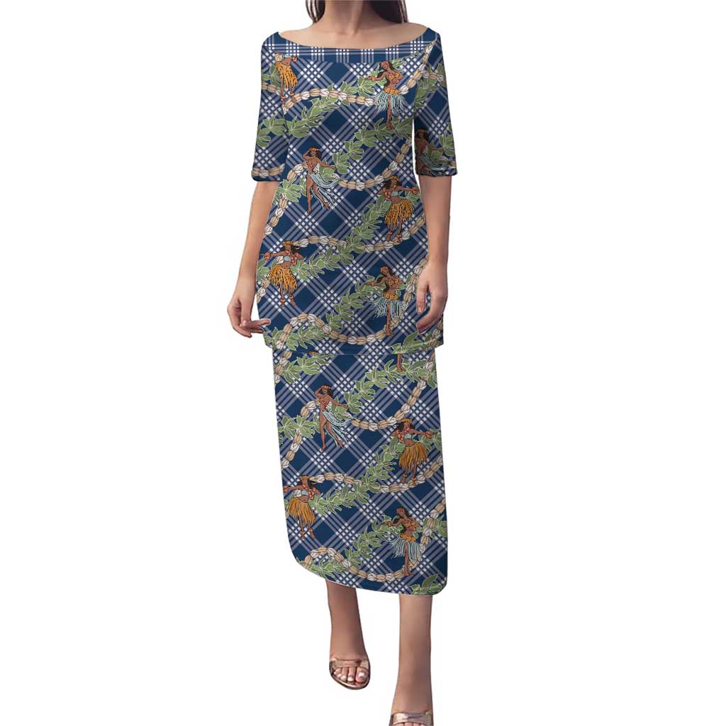 Navy Blue Palaka Hula Girls Seamless Hawaii Aloha Family Matching Puletasi and Hawaiian Shirt LT7 Mom's Dress Navy Blue - Polynesian Pride