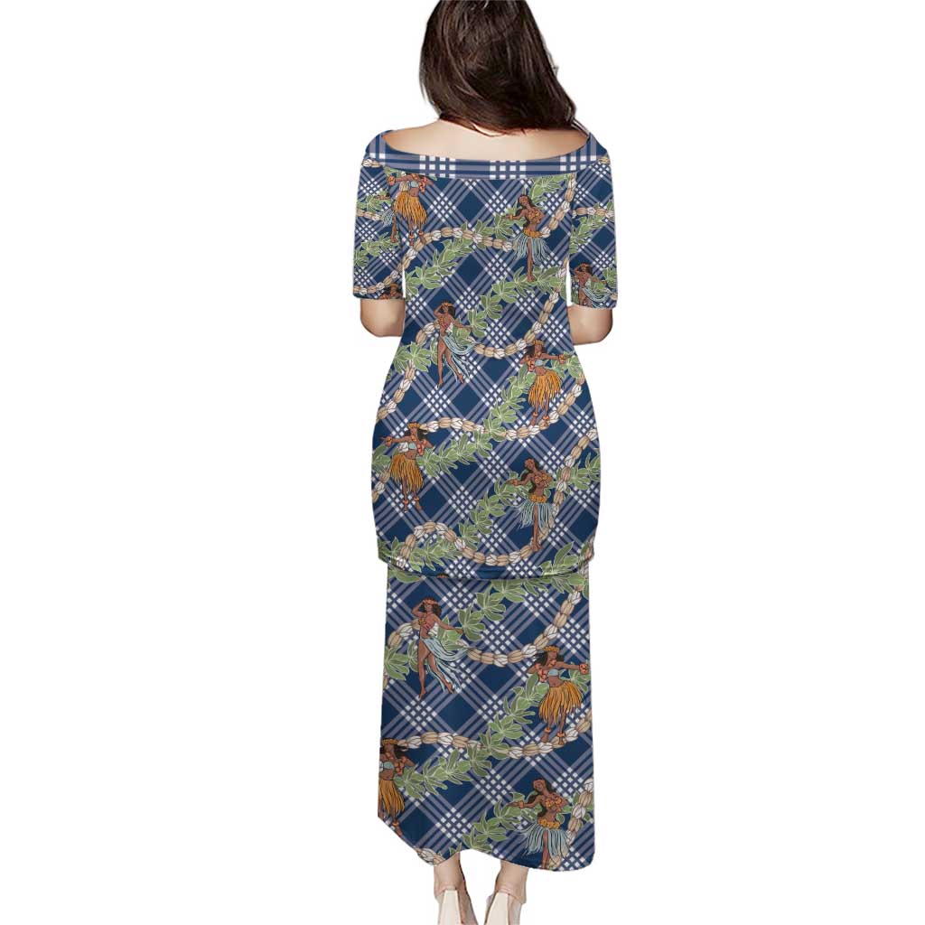 Navy Blue Palaka Hula Girls Seamless Hawaii Aloha Family Matching Puletasi and Hawaiian Shirt LT7 - Polynesian Pride