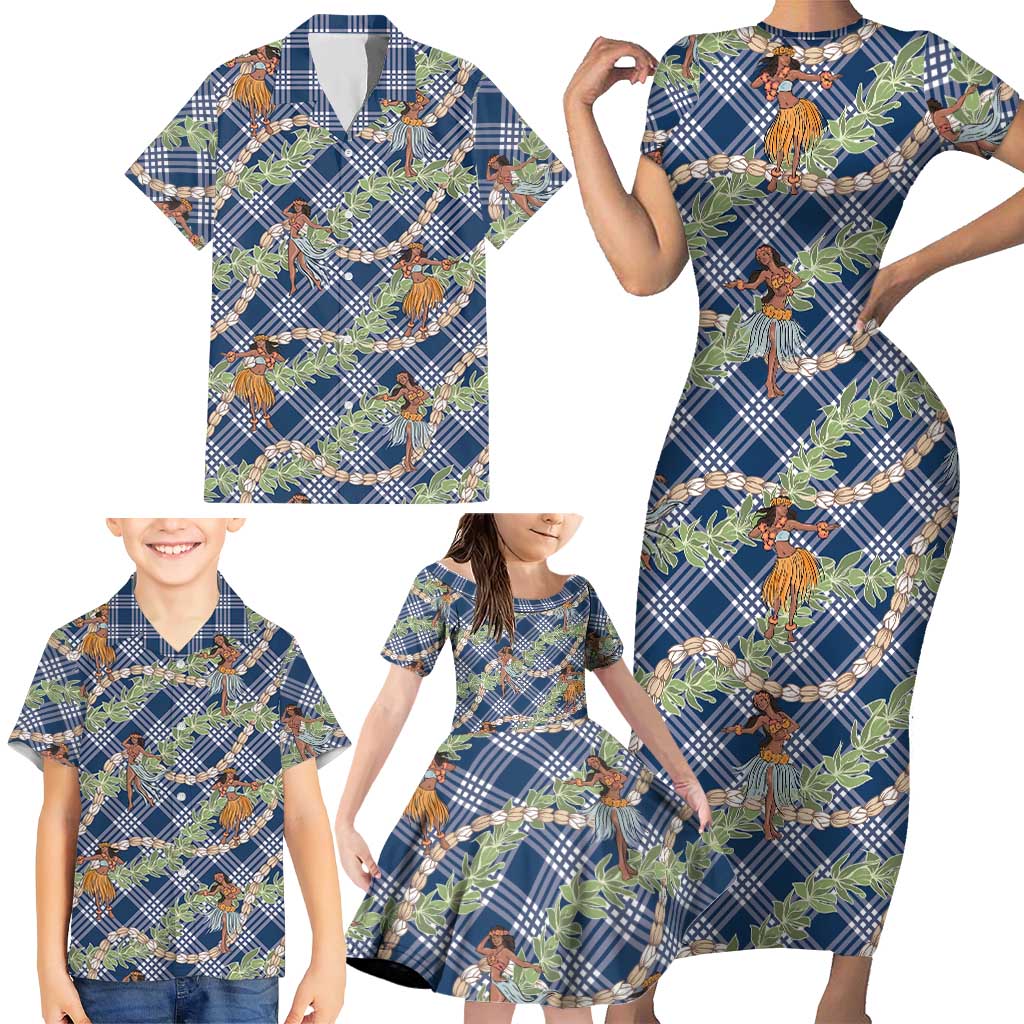 Navy Blue Palaka Hula Girls Seamless Hawaii Aloha Family Matching Short Sleeve Bodycon Dress and Hawaiian Shirt - Polynesian Pride