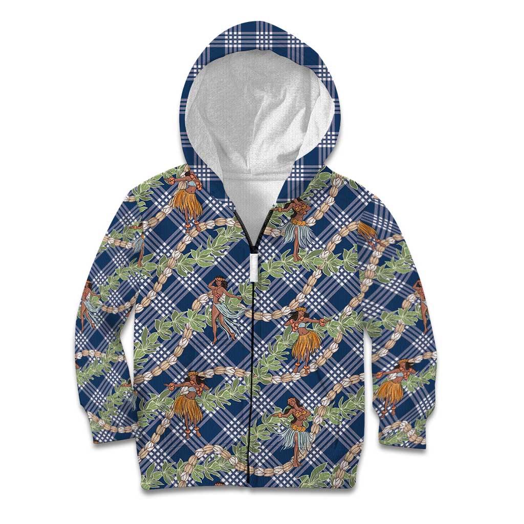 Navy Blue Palaka Hula Girls Seamless Hawaii Aloha Kid Hoodie LT7 Zip Hoodie Navy Blue - Polynesian Pride