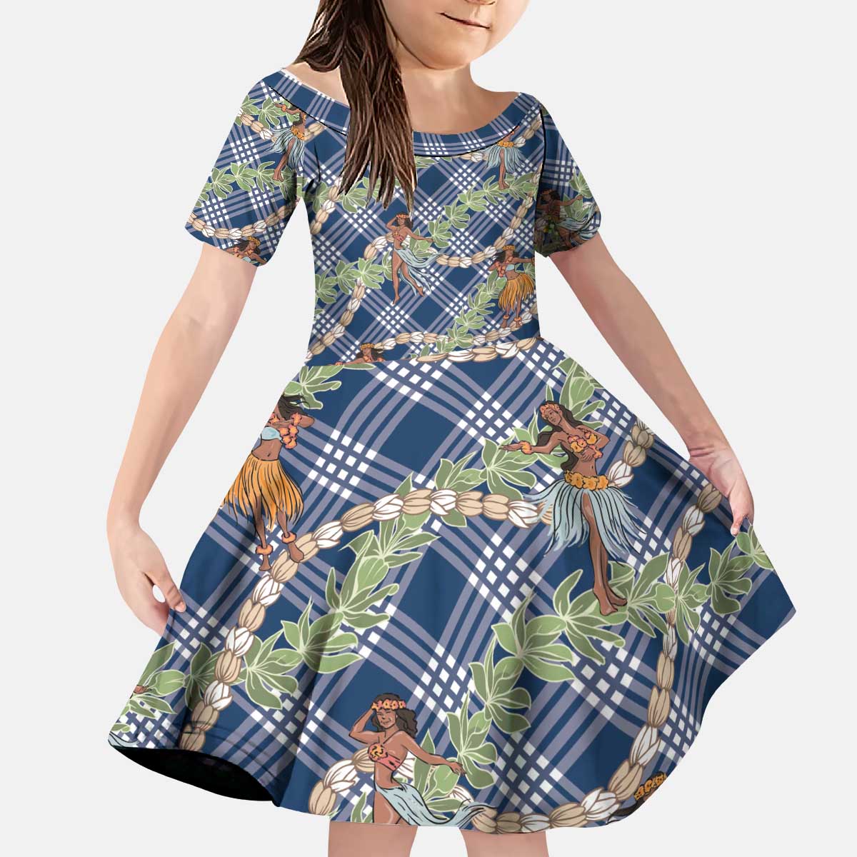 Navy Blue Palaka Hula Girls Seamless Hawaii Aloha Kid Short Sleeve Dress - Polynesian Pride