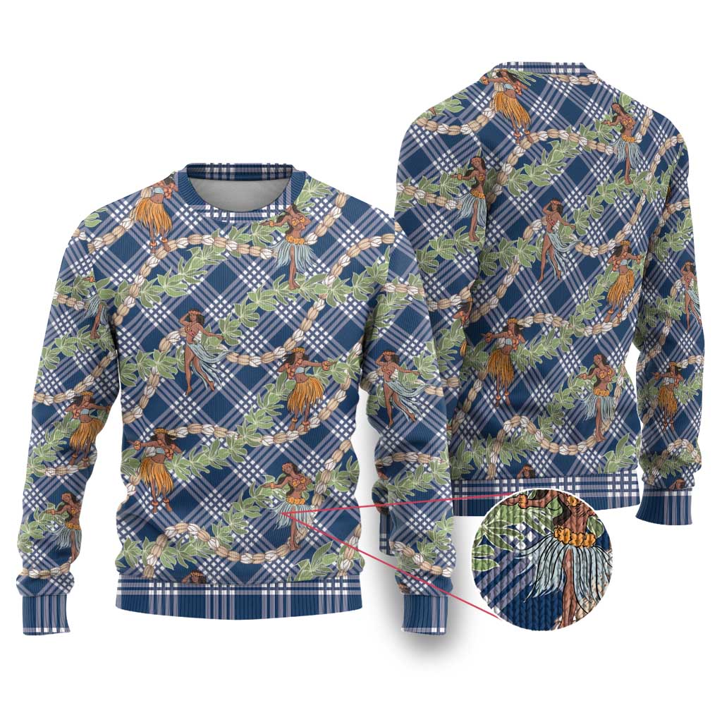 Navy Blue Palaka Hula Girls Seamless Hawaii Aloha Ugly Christmas Sweater - Polynesian Pride