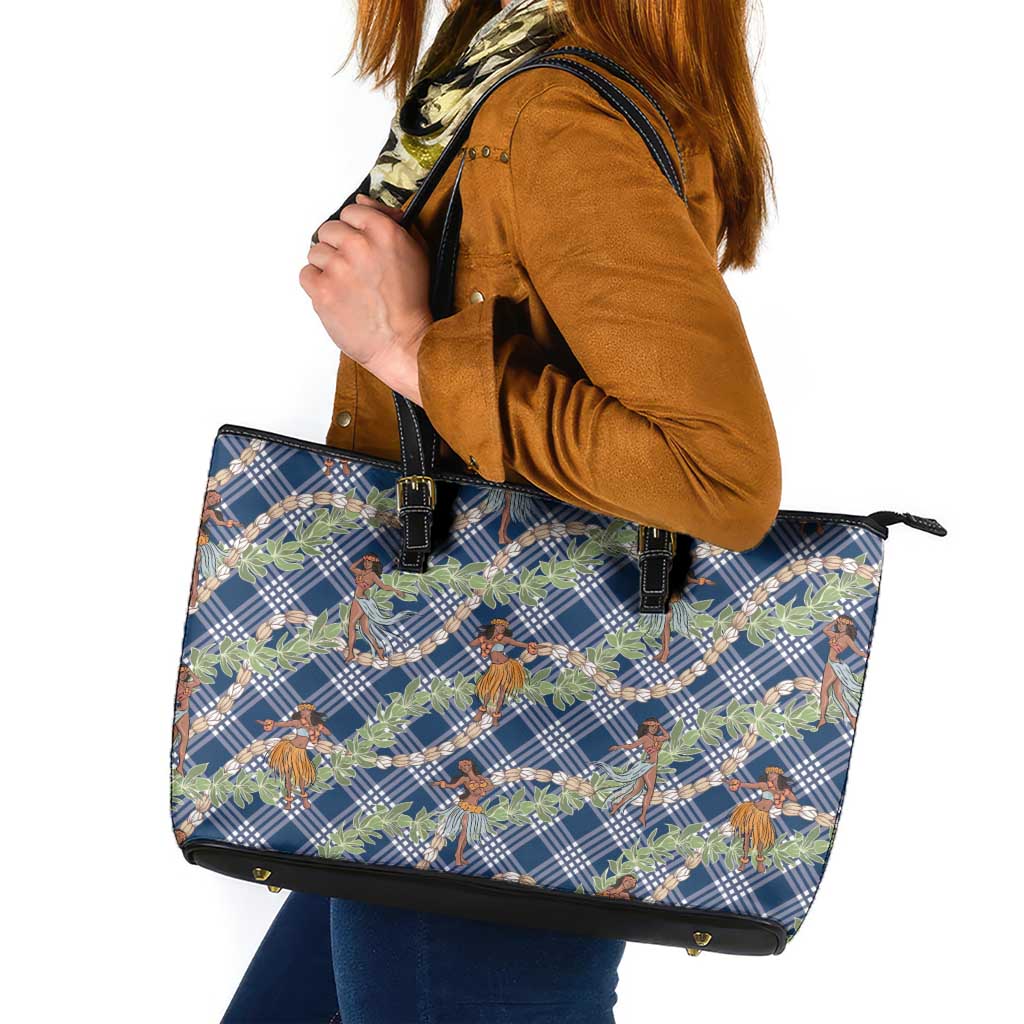 Navy Blue Palaka Hula Girls Seamless Hawaii Aloha Leather Tote Bag - Polynesian Pride