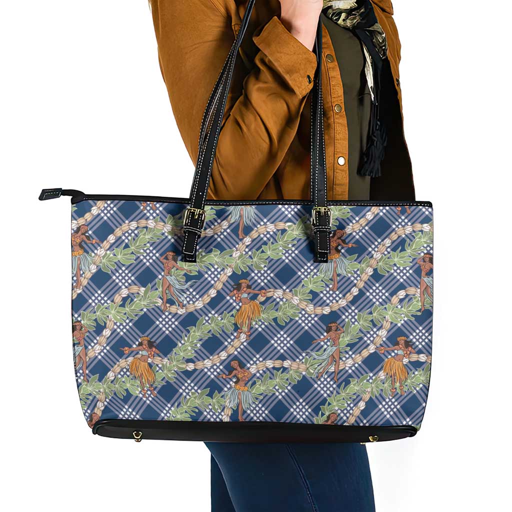 Navy Blue Palaka Hula Girls Seamless Hawaii Aloha Leather Tote Bag - Polynesian Pride