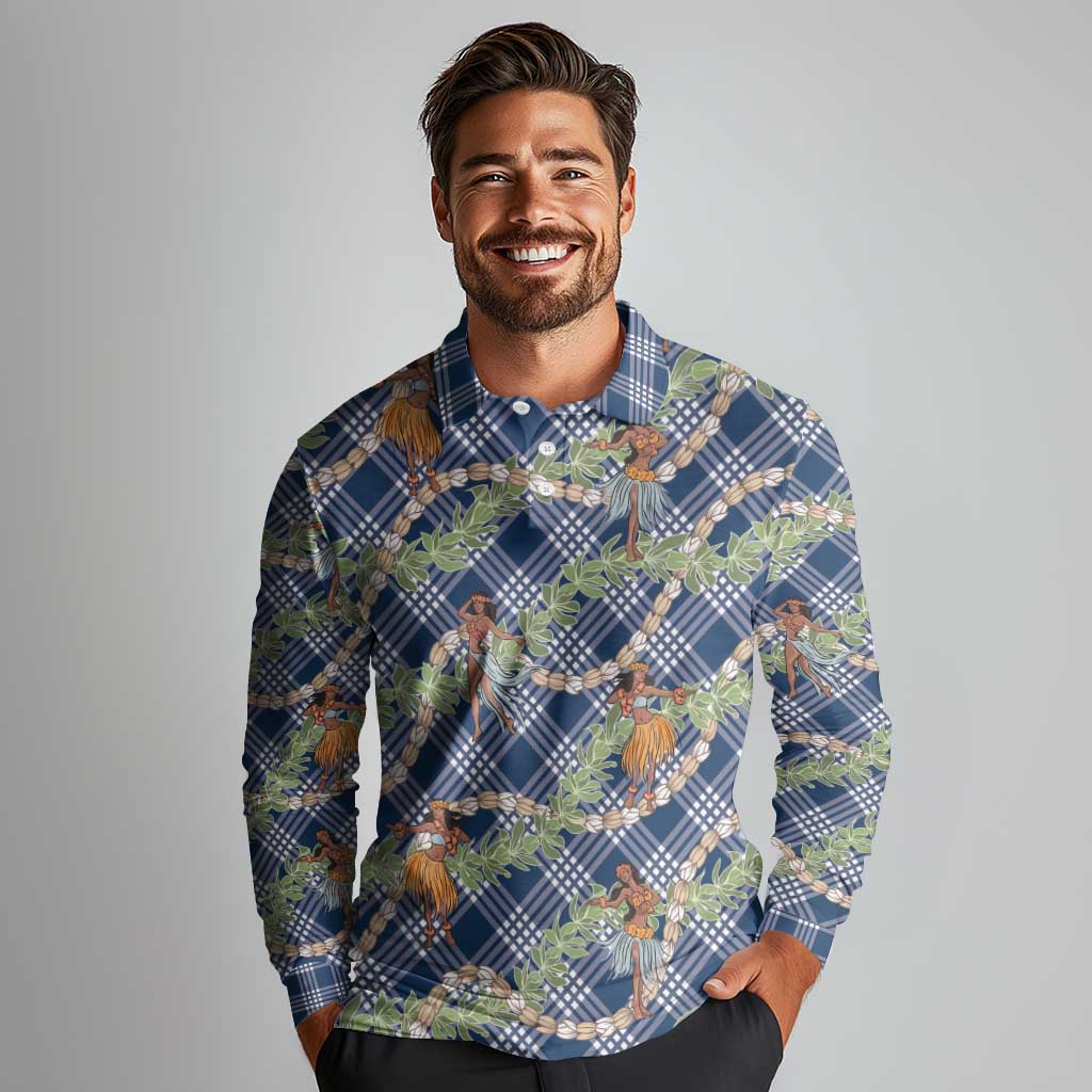 Navy Blue Palaka Hula Girls Seamless Hawaii Aloha Long Sleeve Polo Shirt - Polynesian Pride