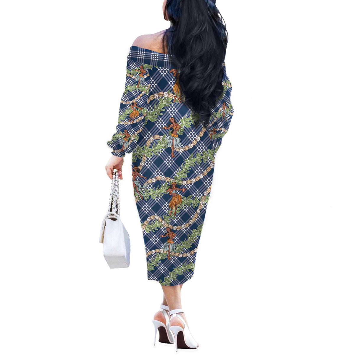 Navy Blue Palaka Hula Girls Seamless Hawaii Aloha Off The Shoulder Long Sleeve Dress - Polynesian Pride
