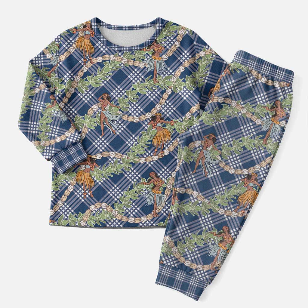 Navy Blue Palaka Hula Girls Seamless Hawaii Aloha Christmas Pajama Set - Polynesian Pride