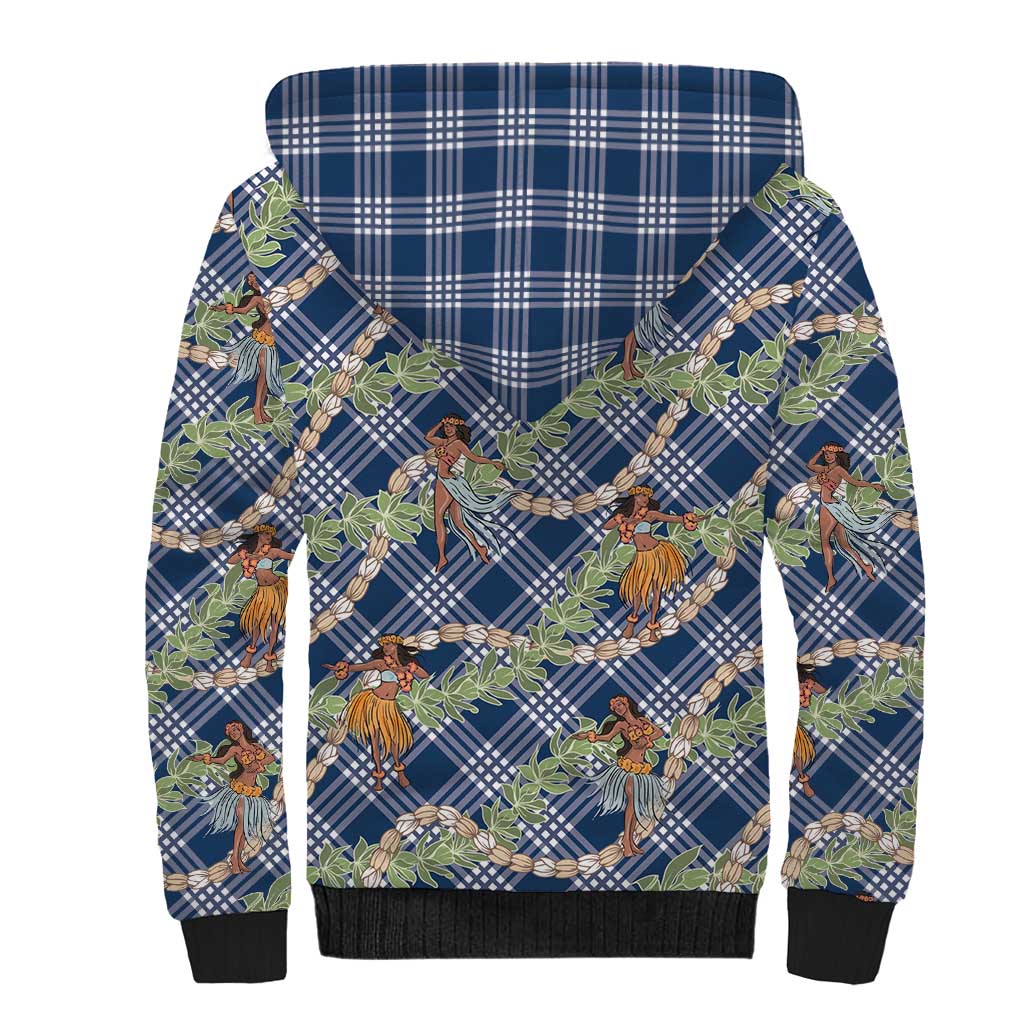 Navy Blue Palaka Hula Girls Seamless Hawaii Aloha Sherpa Hoodie - Polynesian Pride