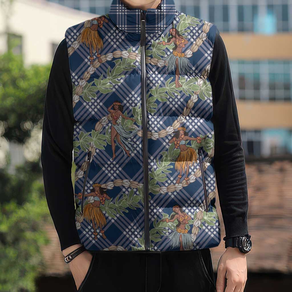 Navy Blue Palaka Hula Girls Seamless Hawaii Aloha Sleeveless Puffer Jacket - Polynesian Pride