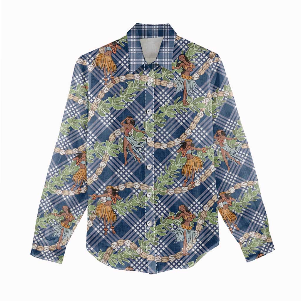 Navy Blue Palaka Hula Girls Seamless Hawaii Aloha Women Casual Shirt - Polynesian Pride