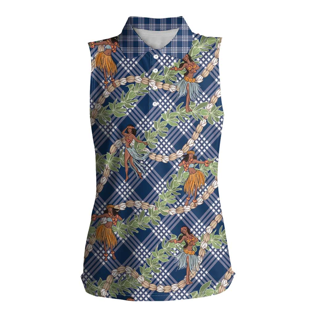 Navy Blue Palaka Hula Girls Seamless Hawaii Aloha Women Sleeveless Polo Shirt LT7 Female Navy Blue - Polynesian Pride