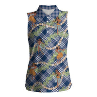 Navy Blue Palaka Hula Girls Seamless Hawaii Aloha Women Sleeveless Polo Shirt LT7 Female Navy Blue - Polynesian Pride