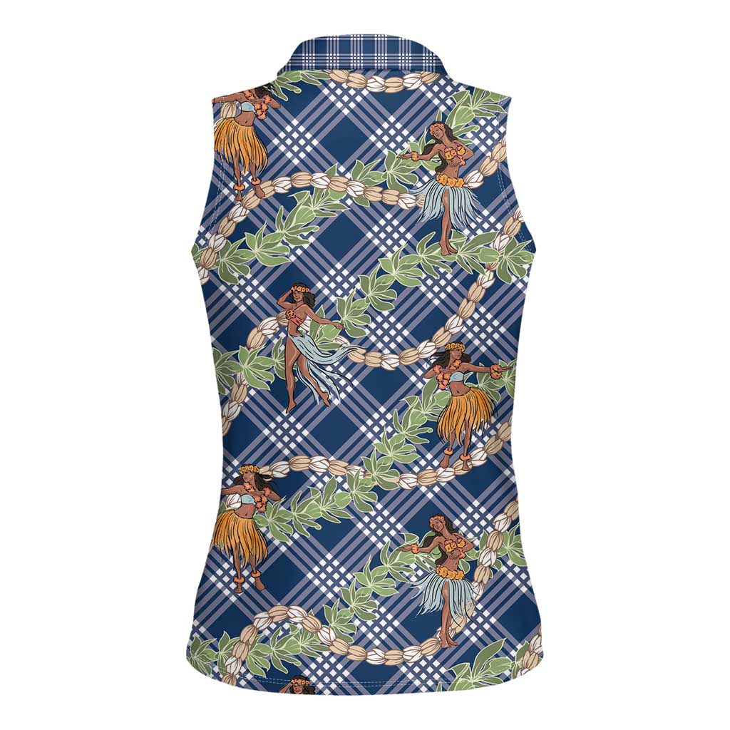 Navy Blue Palaka Hula Girls Seamless Hawaii Aloha Women Sleeveless Polo Shirt LT7 - Polynesian Pride
