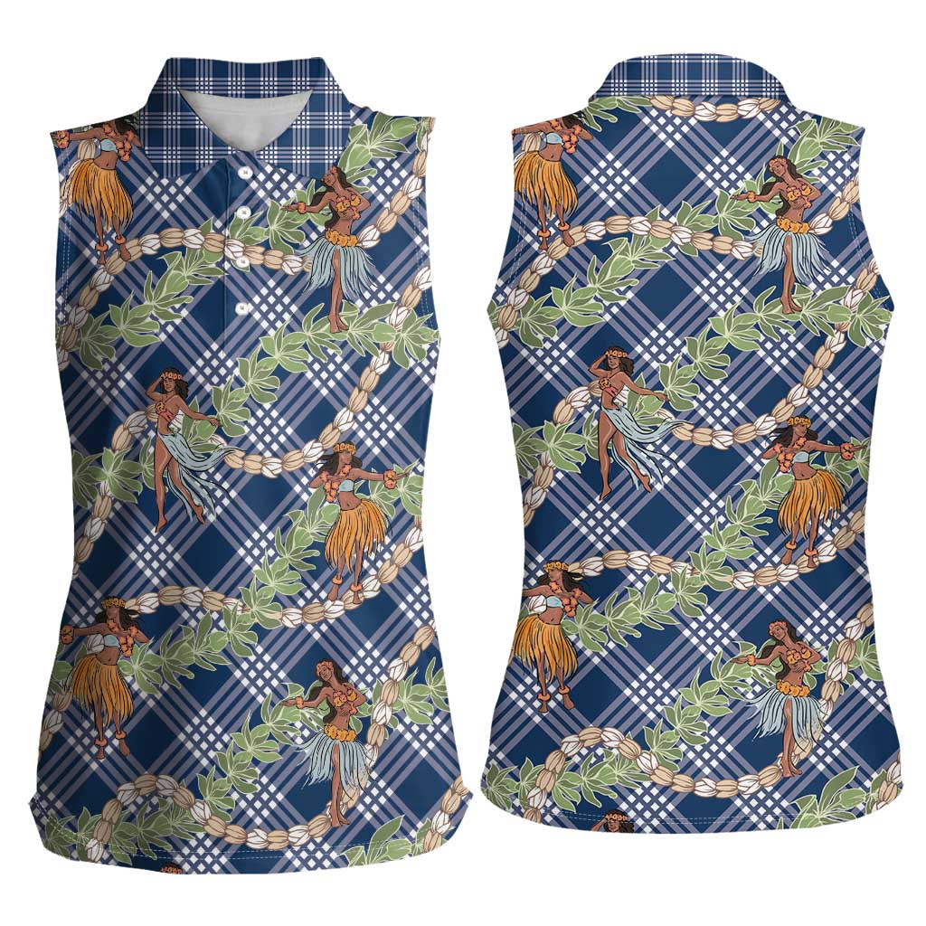 Navy Blue Palaka Hula Girls Seamless Hawaii Aloha Women Sleeveless Polo Shirt LT7 - Polynesian Pride
