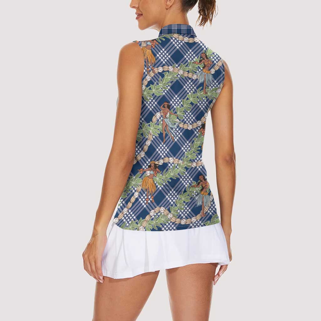 Navy Blue Palaka Hula Girls Seamless Hawaii Aloha Women Sleeveless Polo Shirt LT7 - Polynesian Pride